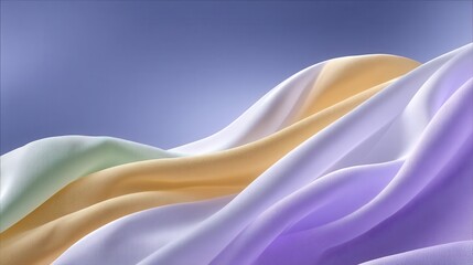 Soft pastel draped fabrics create a serene, flowing texture against a gradient background.
