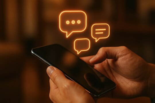 Hands holding a smartphone with glowing chat icons.