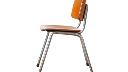 Wooden school chair with metal frame, side view, floating in space on transparent background