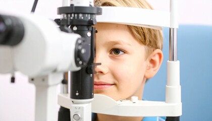 Child eye exam with slit-lamp microscope.