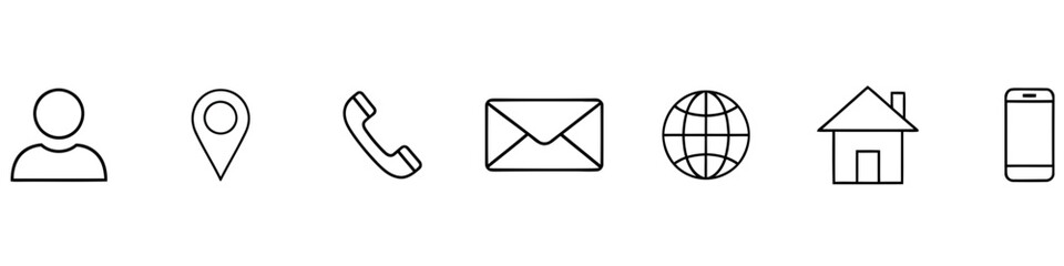 Contact icons. Contact sign vector set. Telephone number symbol, email logo. Location address line icon set. Contact us icon minimalistic set