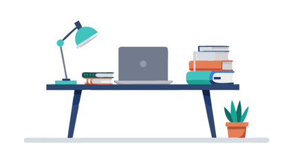 Illustration of a desk with a laptop books lamp and plant showing a modern and minimalist workspace setup