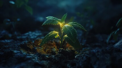 Glowing plant sprouting from dark soil with light illuminating its leaves and the surrounding ground