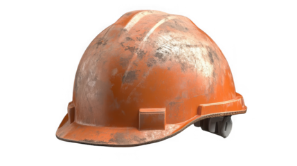 Orange weathered hard hat, safety equipment for construction sites on transparent background
