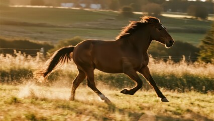 Majestic horse galloping through a meadow, embodying freedom and wild beauty in golden light.
