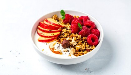 Yogurt parfait with granola, raspberries, and apples.