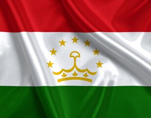 Fototapeta premium Tajikistan National Flag with Red, White, and Green Horizontal Stripes Featuring Central Golden Crown and Seven Stars in Semicircle