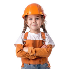 Smiling little girl wearing hard hat construction worker uniform standing isolate on transparency background