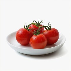 Four fresh, red tomatoes on a white plate, glistening with water droplets