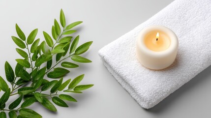 A serene spa setup featuring a lit candle and green leaves on a white towel.