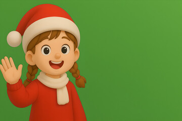 Cheerful Cute 3D Cartoon Girl in Santa Hat and Red Sweater on Green Background