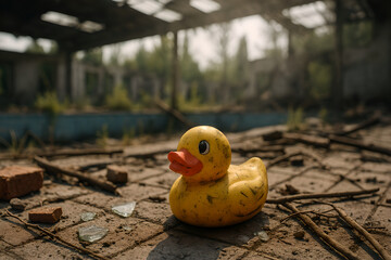 Damaged Yellow Rubber Duck in Abandoned Pool Ruins