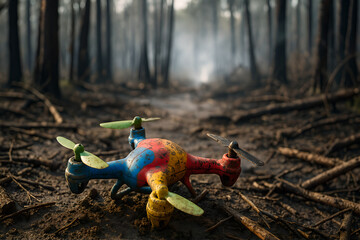 Colorful Damaged Toy Drone in Burnt Forest Aftermath