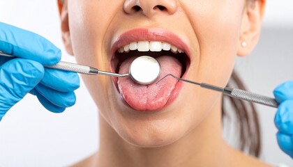 Dentist examining open mouth with dental mirror close-up.