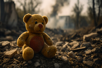 Damaged Teddy Bear in War-Torn Landscape with Smoke