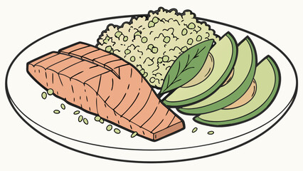 Illustration of a plate with salmon fillet quinoa avocado slices and a basil leaf on a white background