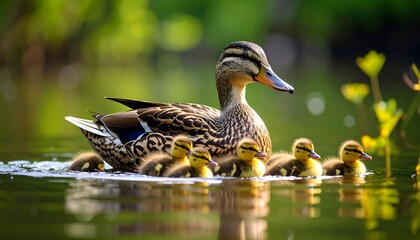 Mother duck and ducklings on a pond.