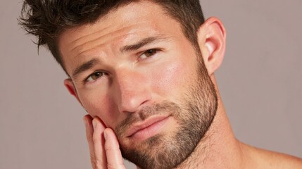 Fototapeta premium Man With Beard Touching His Face, Displaying a Thoughtful Expression in a Neutral-Light Background Setting, Captured in a Modern Indoor Atmosphere