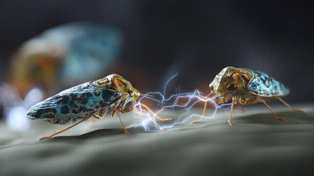 Fantastically shaped treehoppers with electrical charge visualizations surrounding their uniquely evolved bodies