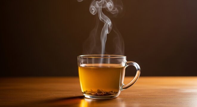Aromatic tea steams in a glass cup, perfect for relaxation, wellness, or cozy autumn scenes. Ideal for health blogs, beverage ads, or comforting visuals.