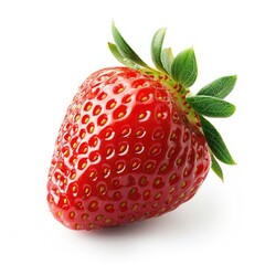 Single ripe strawberry, red, glossy, with green leaves