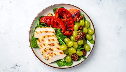 Healthy salad bowl with grilled chicken, vegetables, and grapes.