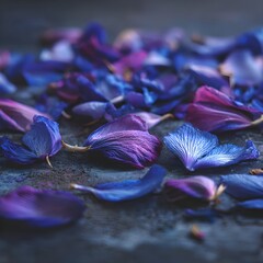 Scattered Deep Blue and Purple Flower Petals on Dark Textured Surface, Close-up Macro with Visible Veins and Muted Tones