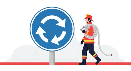 Fototapeta premium Firefighter Near Roundabout Sign With White Background Modern Illustration