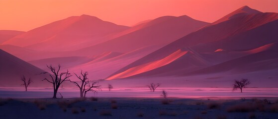 Vibrant Pink and Purple Desert Landscape at Sunrise with Silhouetted Dead Trees and Majestic Dunes