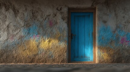 Rustic stone wall with graffiti and a weathered blue wooden door Textured