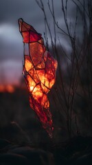 Abstract Glowing Red Orange Stained Glass Effect Art Piece Illuminating Dark Winter Nature at Twilight