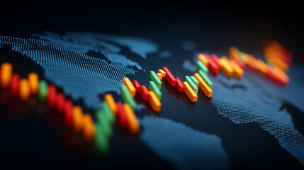 Global Financial Pulse: Dynamic abstract illustration of financial graphs overlayed on a world map. The scene embodies global market trends and financial analysis. 