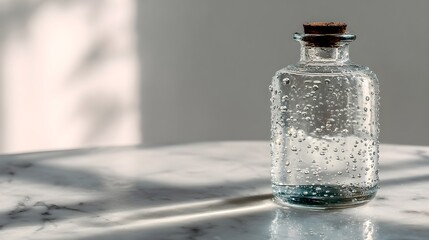 Clear Glass Bottle with Water Droplets and Cork on White Marble Table, Bathed in Sunlight and Shadows