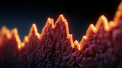 Abstract Chart with Glowing Peaks and Valleys: A striking visualization of market dynamics or data trends, featuring a vibrant, glowing, 3D-rendered chart of peaks and valleys on a dark background.