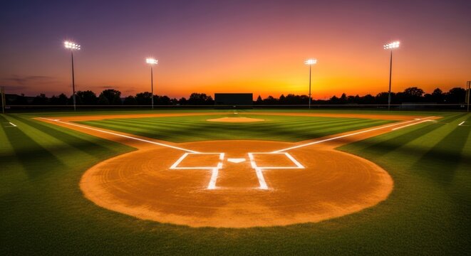 A baseball field under a vibrant sunset sky, showcasing empty stadium with its green grass, floodlights, and diamond ready for a game