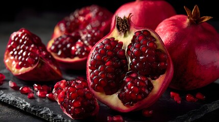 Vibrant Red Ripe Pomegranates, Whole and Sliced, on Dark Rustic Background – Healthy Superfood Still Life