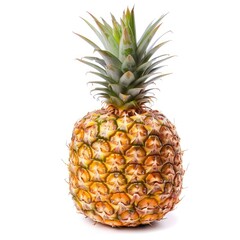 Whole pineapple, bright yellow-gold skin, green crown, isolated white background
