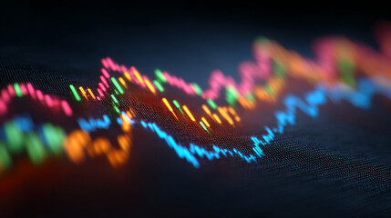 Market Trends Analysis: A vibrant display of fluctuating financial data, symbolized by colorful line graphs weaving across a dark, textured background, indicating market analysis and investment.