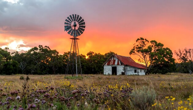 Old farm windpump sunset