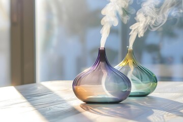 Elegant Gradient Glass Aroma Diffusers Emitting White Vapor on a Sunny Wooden Table, Promoting Home Wellness and Relaxation
