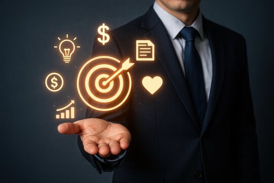 Businessperson presenting a digital target with success icons.