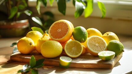 Fresh Vibrant Citrus Fruits Still Life: Lemons, Limes, and Grapefruit on Wooden Board in Natural Sunlight