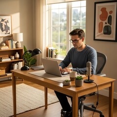 Man working from home on laptop, creating content with a modern microphone setup