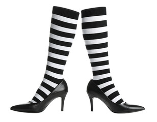 Stylish Black and White Striped Knee-High Socks with High Heels