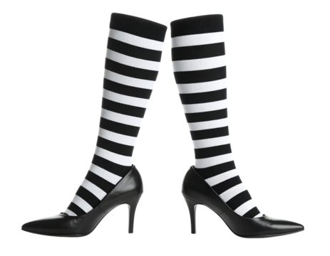 Stylish Black and White Striped Knee-High Socks with High Heels - Powered by Adobe