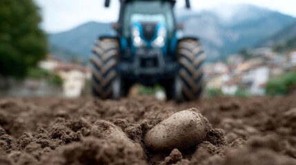 Freshly harvested potatoes in the foreground with a tractor and village in the blurred background