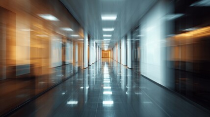 Fototapeta premium Modern business center corridor with blurred perspective, bright interior, sleek corporate office design, and professional workspace environment