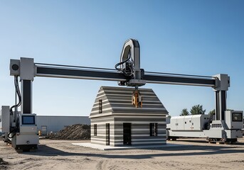 State-of-the-art 3D printing technology building a modern house on a construction site, revolutionizing the future of sustainable architecture and home building.