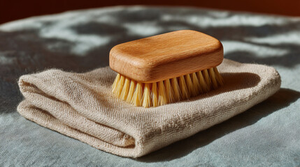 Brush and Towel: a natural wooden brush rests elegantly atop a folded linen towel, capturing a moment of simplicity. This serene composition is ideal for wellness, spa, and self-care themes.