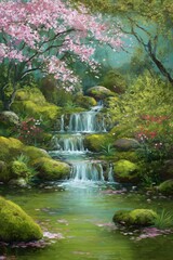 Fototapeta premium Peaceful Waterfall in Spring Garden – Scenic Nature Landscape with Flowing Stream, Cherry Blossoms, Mossy Rocks and Lush Green Trees, Tranquil Zen Artwork 
